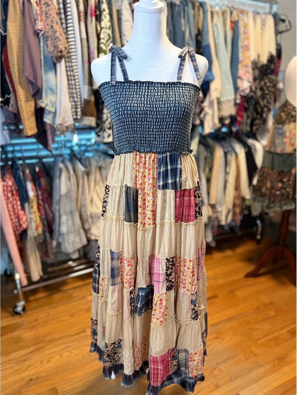 YOUNG THREADS Patchwork Smocked Maxi Dress Latte NWT Extra Large